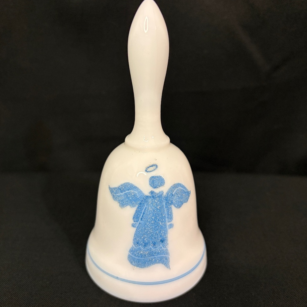 Fenton Milk Glass Bell Blue Glitter Angel Hand-Painted Signed Sticker Vintage